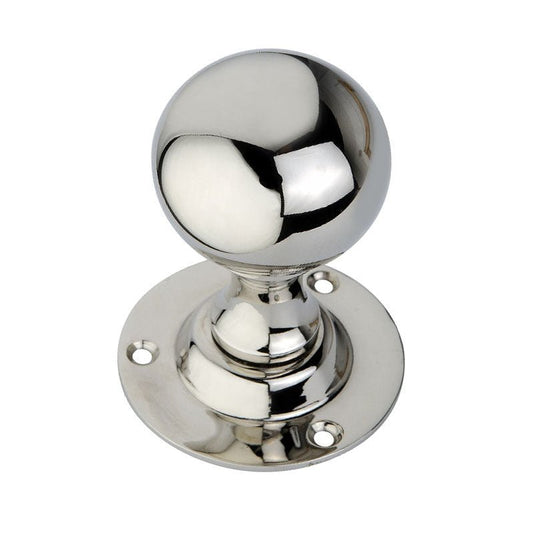 Spira Brass Ball Door Knob in polished chrome, featuring a round ball shape and a circular base plate with three screw holes for installation.