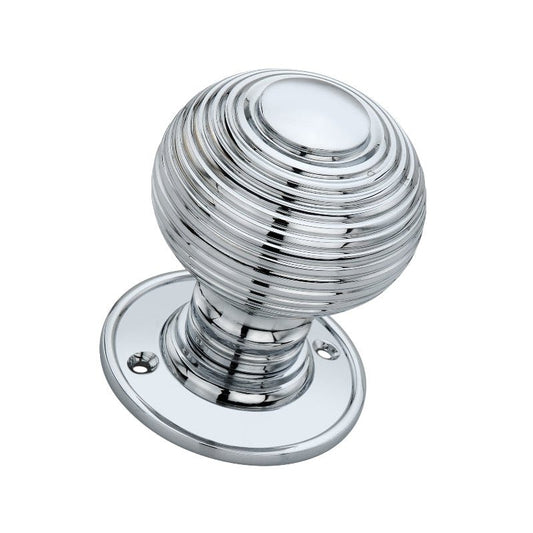 Spira Brass Beehive Large 60mm Mortice Door Knob in polished chrome finish, featuring a round, ribbed design and a circular rose plate for mounting.
