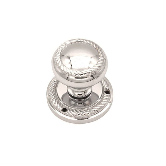 Spira Brass Georgian Mortice Door Knob in polished brass, featuring a circular shape with a decorative rope design around the edge, mounted on a circular base with two visible screw holes.