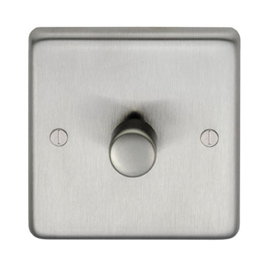 Eurolite Stainless Steel 1 Gang Dimmer in satin stainless steel finish, featuring a circular knob and two adjustment screws on a square plate.