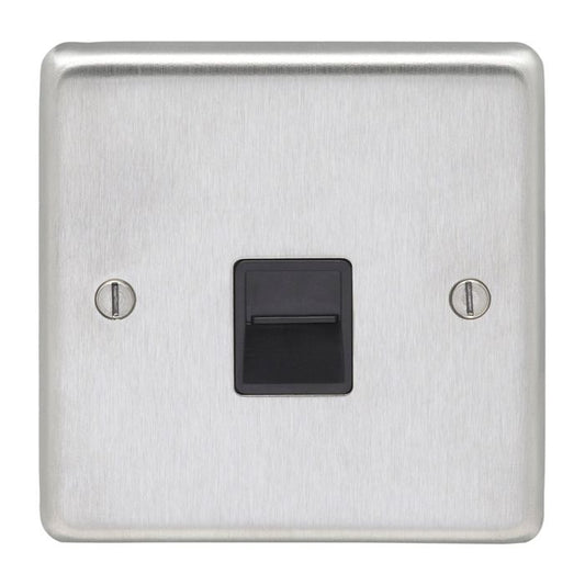 Eurolite Stainless Steel Telephone Slave in satin stainless steel finish, featuring a central black switch and two visible screws on the sides for installation.
