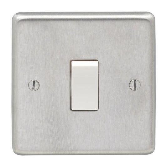 Eurolite Stainless Steel 20Amp Switch in satin stainless steel finish, featuring a white toggle switch and a square metal plate with rounded edges and visible mounting screws.