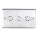 Eurolite Stainless Steel 3 Gang Dimmer in satin stainless steel, featuring three circular dimmer switches on a sleek rectangular plate.