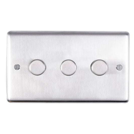 Eurolite Stainless Steel 3 Gang Dimmer in satin stainless steel finish, featuring three circular control knobs set within a rectangular plate.