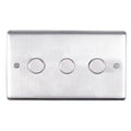 Eurolite Stainless Steel 3 Gang Dimmer in satin stainless steel finish, featuring three circular control knobs set within a rectangular plate.