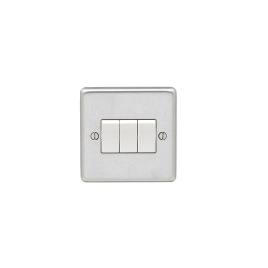 Eurolite Stainless Steel 3 Gang Switch in satin stainless steel finish, featuring three toggle switches on a square plate with visible mounting screws.