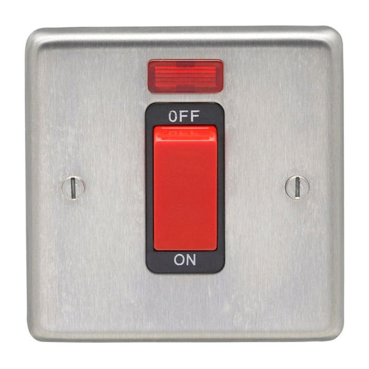 Eurolite Stainless Steel 45Amp Switch With Neon Indicator in satin stainless steel, featuring a red toggle switch and a neon indicator light above the switch, mounted on a square plate.