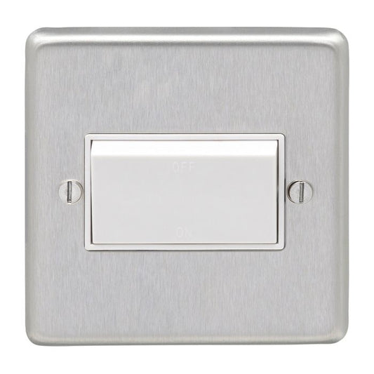 Eurolite Stainless Steel Fan Switch in satin stainless steel finish features a white toggle switch with 'OFF' and 'ON' labels. The square wall plate has a brushed texture and includes two mounting screws.