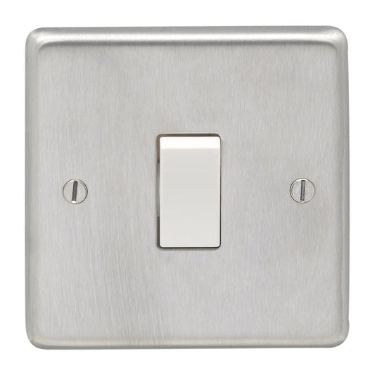 Eurolite Stainless Steel Intermediate Switch in satin stainless steel finish, featuring a white toggle switch and two mounting screws on a square plate.