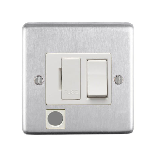 Eurolite Stainless Steel Switched Fuse Spur in satin stainless steel featuring two switches and a fuse indicator, with a brushed surface finish and a square shape.