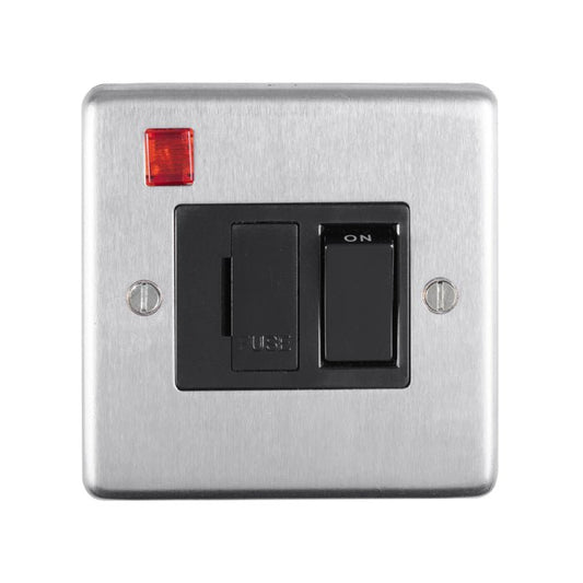 Eurolite Stainless Steel Switched Fuse Spur in satin stainless steel featuring a black switch and a red indicator light, mounted on a metallic square faceplate.