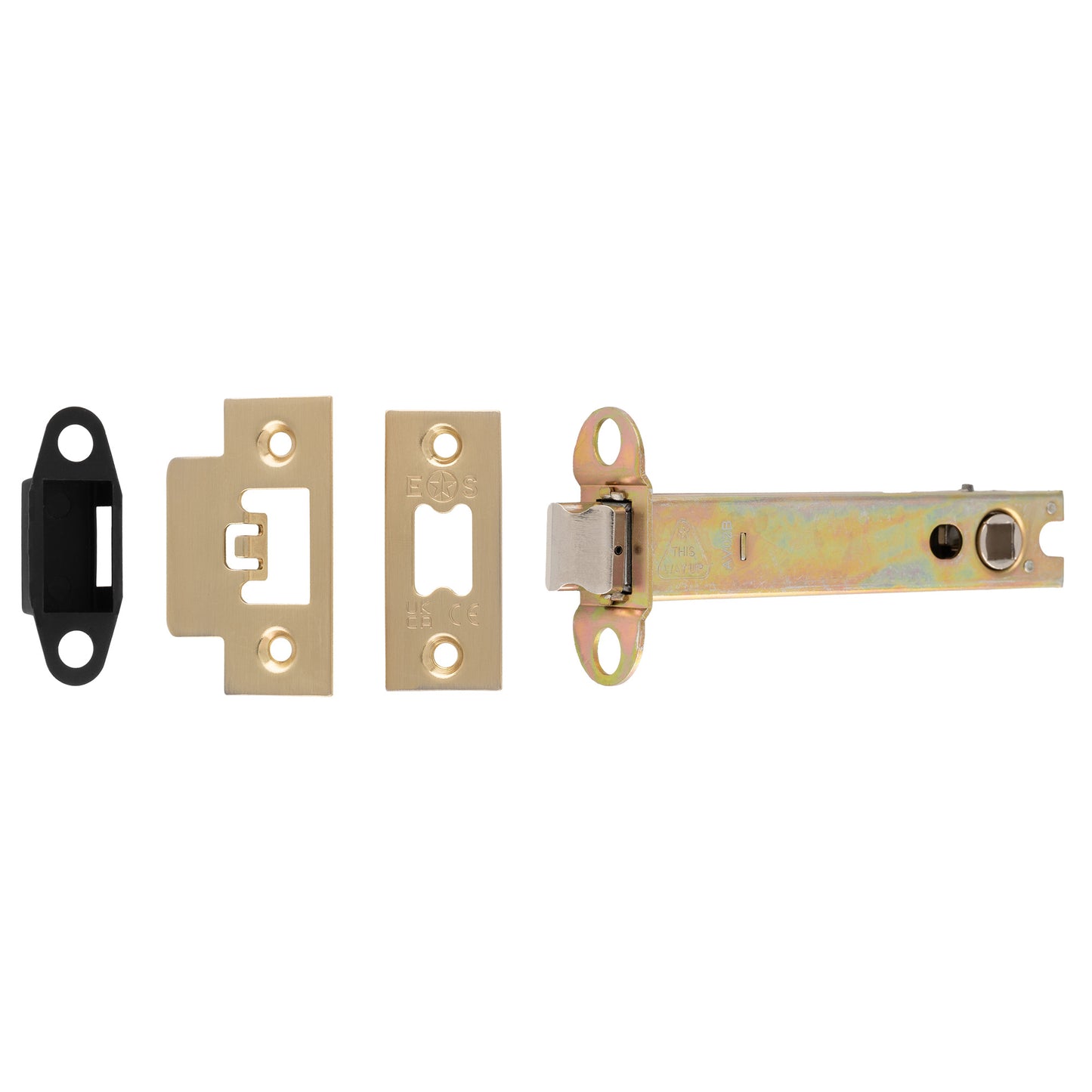 Carlisle Brass Easi-T Heavy Sprung Tubular Latch with gold and black finish, featuring a metal latch mechanism and three corresponding strike plates for installation.