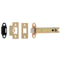 Carlisle Brass Easi-T Heavy Sprung Tubular Latch with gold and black finish, featuring a metal latch mechanism and three corresponding strike plates for installation.