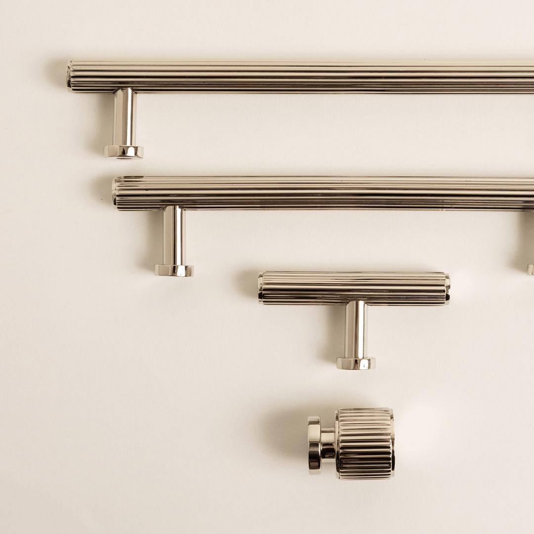 Solid Brass Straight Knurled Kitchen Pull Handles & Knobs - Polished Nickel Finish
