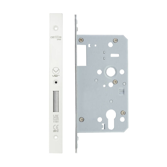 2 Piece DIN Euro Profile Deadlock 55-60mm 60mm - Single Throw Square Powder Coat White Love Handles uk
