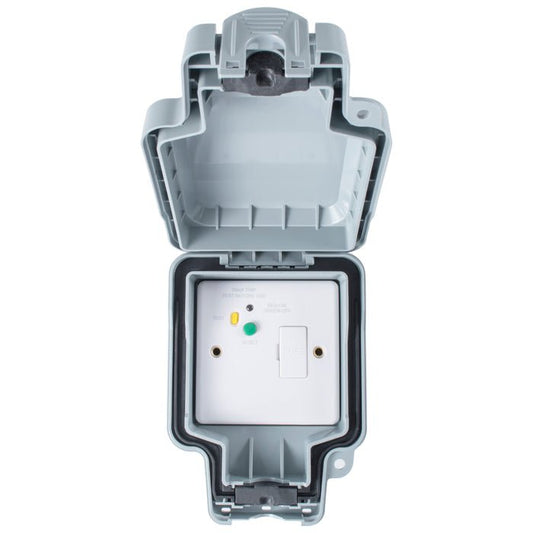 Eurolite Utility Rcd in grey, featuring a sturdy plastic enclosure with a white inner panel, including a green indicator light and a switch, designed for protection and functionality in electrical applications.