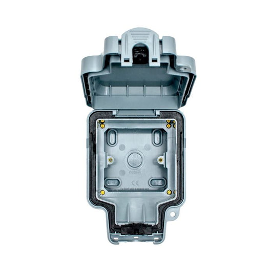 Eurolite Utility 1 Gang Enclosure in grey with a hinged lid, made of durable plastic, designed for electrical connections, featuring multiple mounting points and a protective seal.