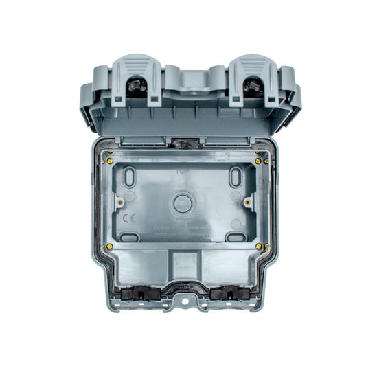 Eurolite Utility 2 Gang Enclosure in grey, featuring a hinged lid with two cable entry points, a robust plastic construction, and visible mounting points on the interior.