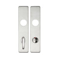 Zoo Hardware Cover Plate for 19mm and 22mm Return to Door Lever on Backplate made of brushed stainless steel, featuring two oval cutouts for lever handles and a small circular cutout for a lock.