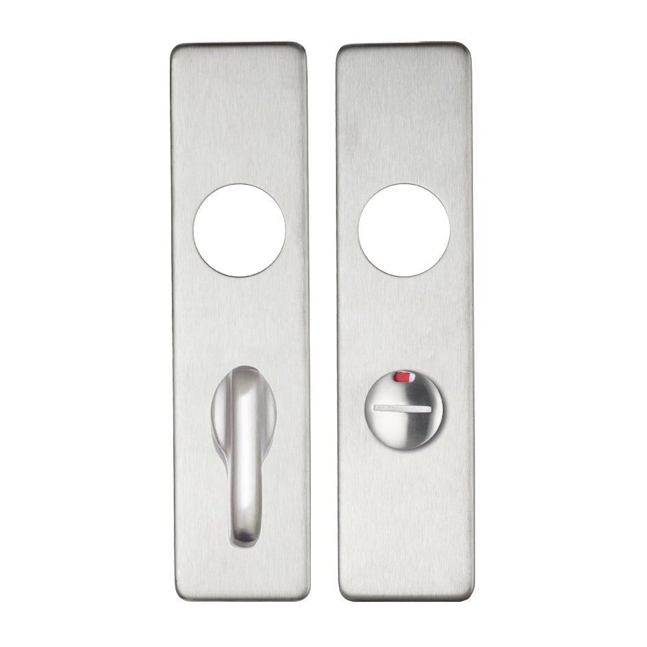 Zoo Hardware Cover Plate for 19mm Return to Door Lever on Short Backplate measuring 45mm x 180mm, made of stainless steel, featuring a circular cutout for the lever and a circular hole for the locking mechanism.