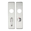 Zoo Hardware Cover Plate for 19mm Return to Door Lever on Short Backplate measuring 45mm x 180mm, made of stainless steel, featuring a circular cutout for the lever and a circular hole for the locking mechanism.
