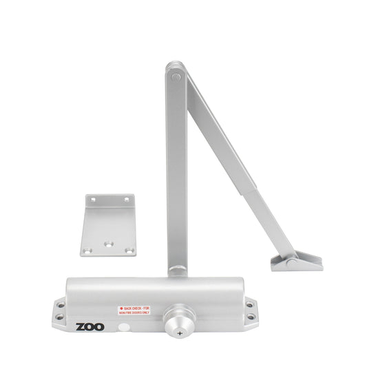 Zoo Hardware Size 2-4 Template Selectable Closer in silver finish, featuring a flat arm design and a matching mounting plate, designed for optimal door closing functionality.