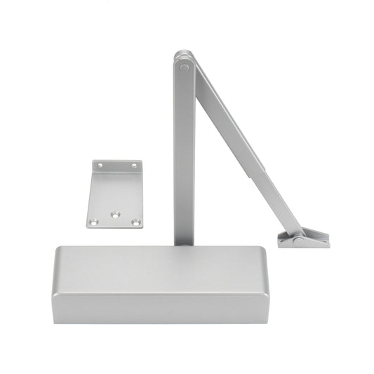 Zoo Hardware Size 2-4 Template Selectable Closer in silver, featuring a complete set with semi-radius cover and flat arm for door closing functionality.