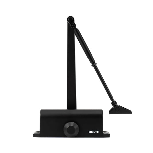 Zoo Hardware Size 3 Door Closer in black, complete with Fig 66 bracket, featuring a solid base, adjustable arm, and sleek design suitable for door mounting.