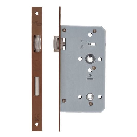 Zoo Hardware DIN Lift-to-Lock Sashlock with a 72mm backset, featuring a square forend in white and a silver latch mechanism, shown in two pieces – the main lock body and the strike plate.