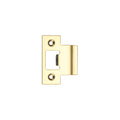 Zoo Hardware Tubular Latch Tongue Strikes in polished brass, designed as a spare component for latch mechanisms, featuring a rectangular shape with a central cut-out and two mounting holes.