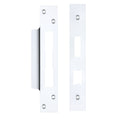 Zoo Hardware Spare Accessory Pack for UK Sash Locks in white, contains a forend, strike, and fixing screws, featuring flat and rectangular plates with multiple pre-drilled holes for installation.