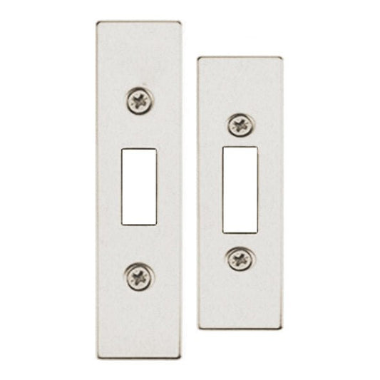 Zoo Hardware Spare Accessory Pack for UK Flat Dead Lock includes forend, strike, and fixing screws. The pack contains two metal plates with rectangular openings, each featuring screw holes for installation.