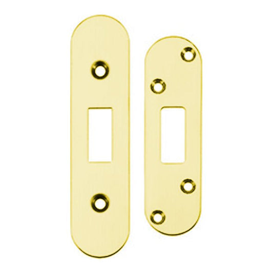 Zoo Hardware Spare Accessory Pack for UK Flat Dead Lock containing radius forend, strike, and fixing screws in a polished brass finish, featuring two rectangular plates with pre-drilled holes for easy installation.