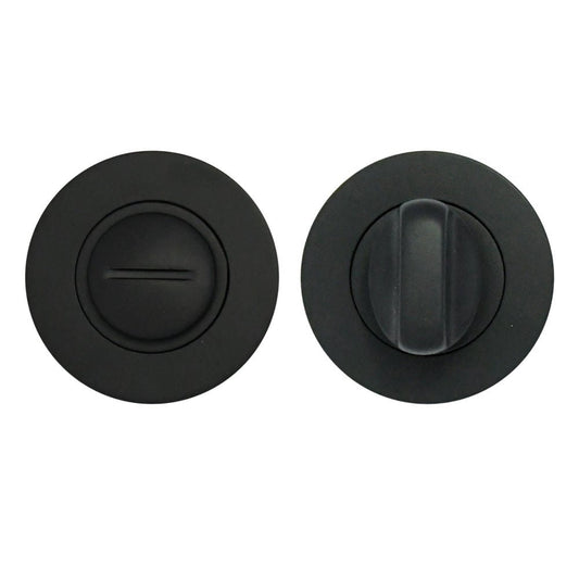 Zoo Hardware Turn & Release on Round Rose in a matte black finish, featuring a round rose with a simple turn mechanism and a release button for easy operation.
