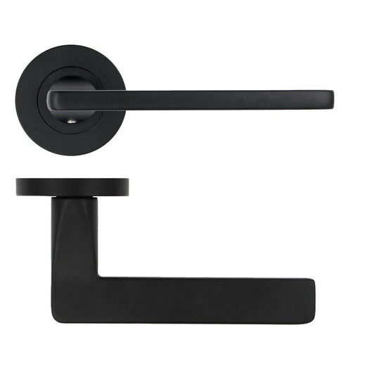 Zoo Hardware Leon Lever on Rose in matte black finish, featuring a modern lever design mounted on a circular rose, with a sleek and minimalist profile.