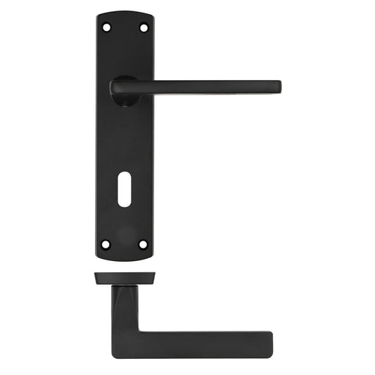 Zoo Hardware Leon Lever on Lock Backplate in black finish, featuring a sleek lever handle design and a rectangular backplate for secure fitting.