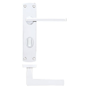 Zoo Hardware Leon Lever on Bathroom Backplate in white finish, featuring a rectangular backplate and a horizontal lever handle for easy door operation.