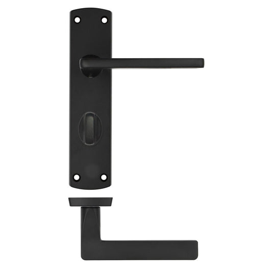 Zoo Hardware Leon Lever on Bathroom Backplate in matte black finish, featuring a rectangular backplate and a sleek lever handle design.