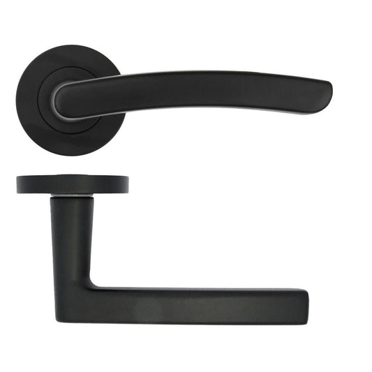 Zoo Hardware Santiago Lever on Rose in a matte black finish, featuring a sleek handle design with a round rose and a square lever arm for door installation.