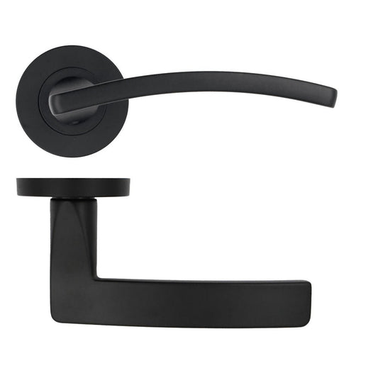 Zoo Hardware Toledo Lever on Rose in black, featuring a sleek curved handle design and a flat, rectangular base, constructed from solid materials for durability.