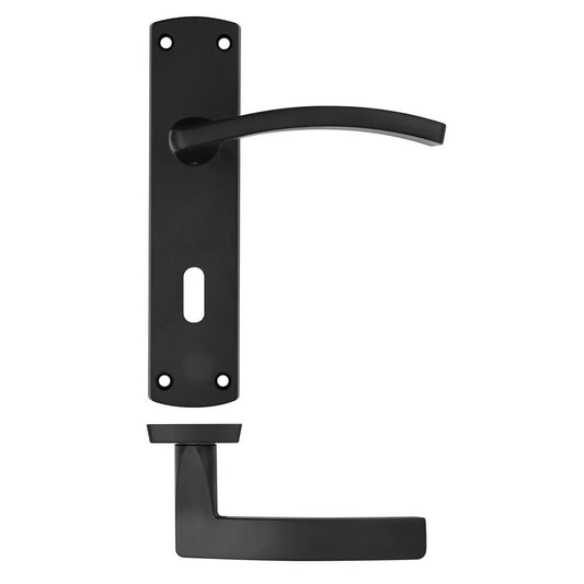 Zoo Hardware Toledo Lever on Lock Backplate featuring a sleek black finish, with a curved lever handle and rectangular backplate design for secure door access.