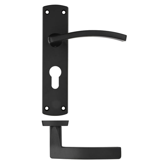 Zoo Hardware Toledo Lever on Euro Backplate in black finish, featuring an elegant curved lever and a rectangular backplate with a keyhole cutout, along with a matching square lever handle for modern door applications.
