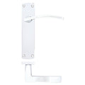 Zoo Hardware Toledo Lever on Latch Backplate, featuring a sleek chrome finish and a modern curved lever design, mounted on a rectangular backplate with visible screw holes.