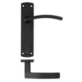 Zoo Hardware Toledo Lever on Latch Backplate in black finish featuring a curved lever handle mounted on a rectangular backplate with a flat base for secure attachment.