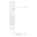 Zoo Hardware Toledo Lever on Bathroom Backplate in white, featuring a polished lever handle and a circular keyhole, mounted on a rectangular backplate with visible mounting holes.