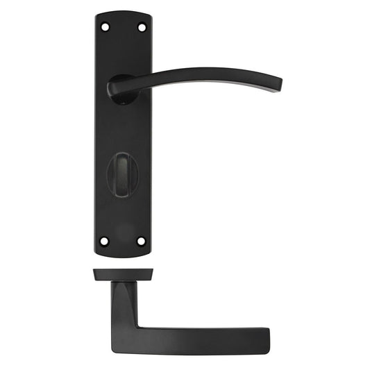 Zoo Hardware Toledo Lever on Bathroom Backplate in black finish, featuring a sleek lever handle and a rectangular backplate design, suitable for doors.