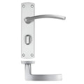 Zoo Hardware Toledo Lever on Latch Backplate in a brushed stainless steel finish features a curved lever and a rectangular backplate with a thumb turn, designed for easy door access.