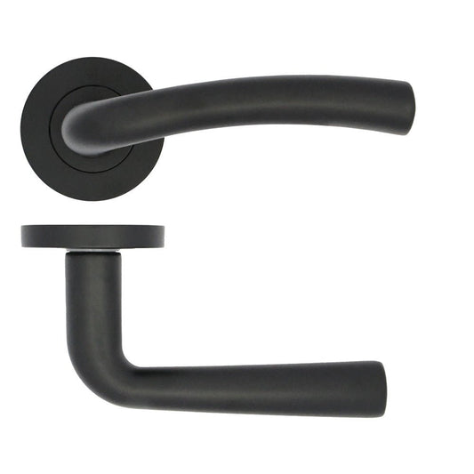 Zoo Hardware Seville Lever on Rose in black finish, featuring a curved lever design and circular rose component, suitable for standard door installations.