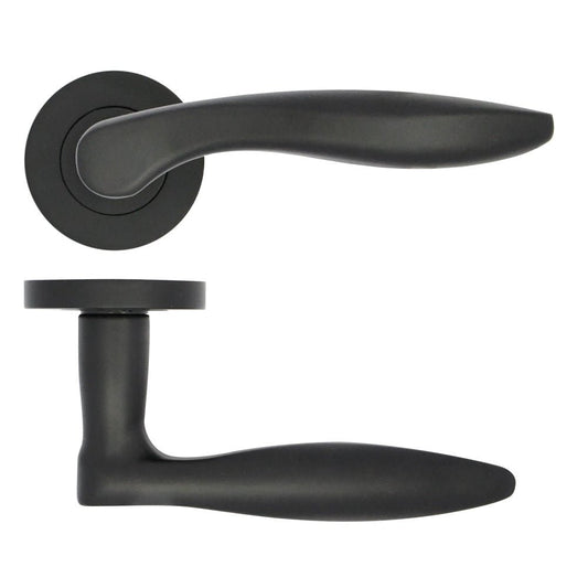 Zoo Hardware Cadiz Lever on Rose in matte black finish, featuring a curved lever design with a round rose plate for door installation.