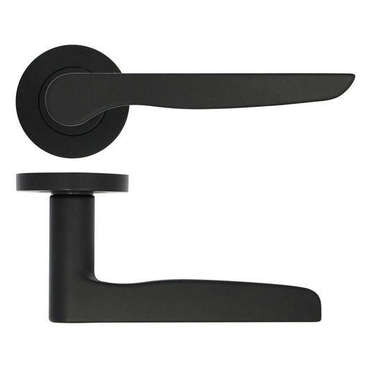 Zoo Hardware Vigo Lever on Rose in a matte black finish, featuring a sleek lever design and a round rose, both made of durable metal for a modern look.